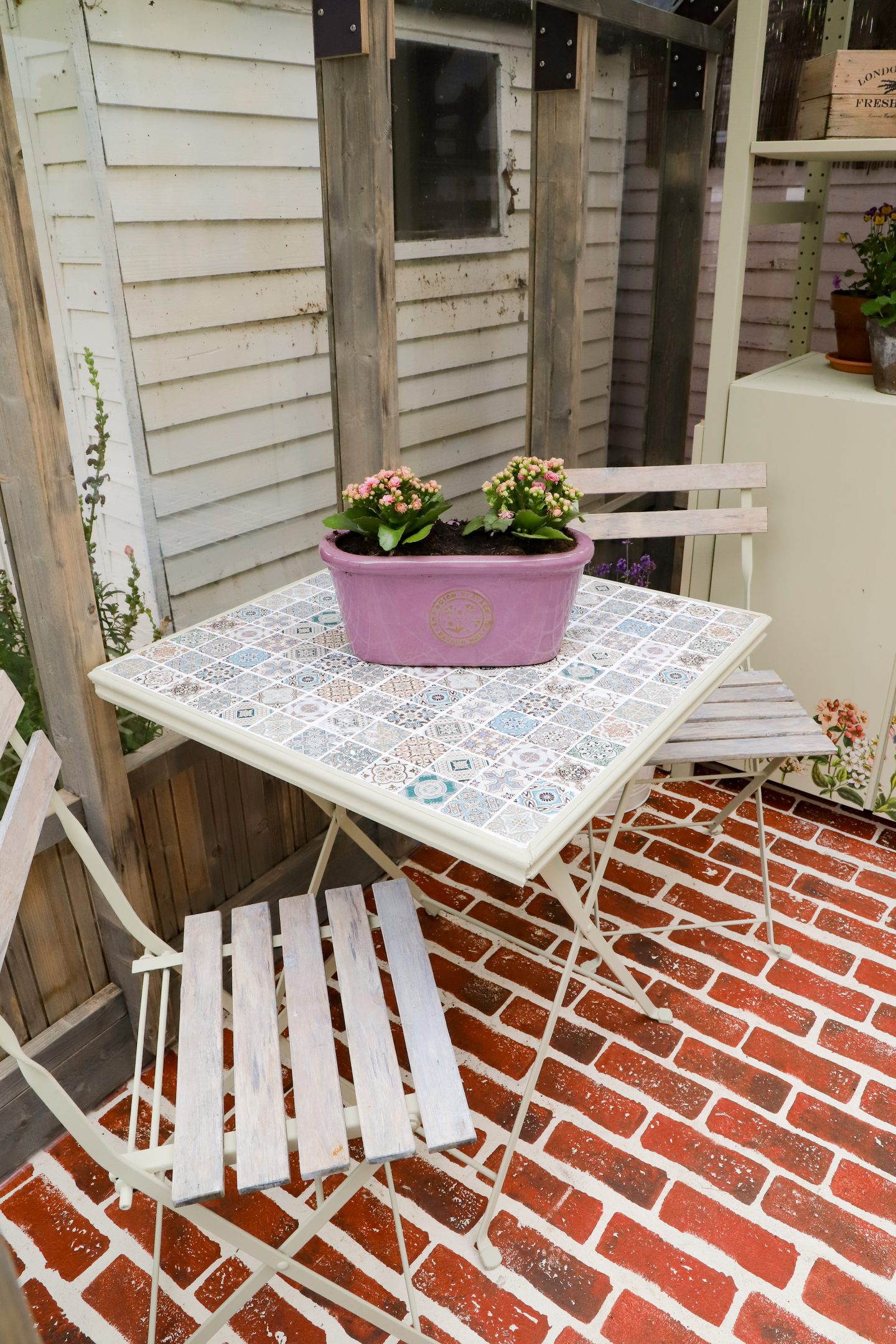 easy diy tiled tik tok table. Cottagecore style with Portuguese tiles.