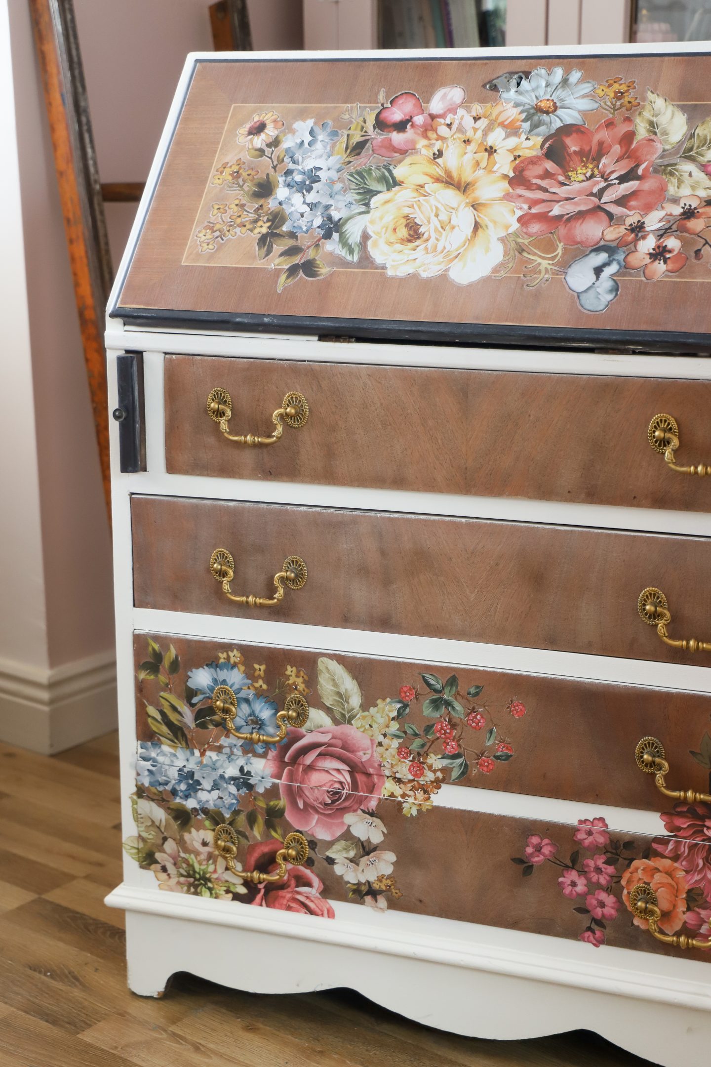 Upcycled writing bureau, floral transfers and stained wood. 