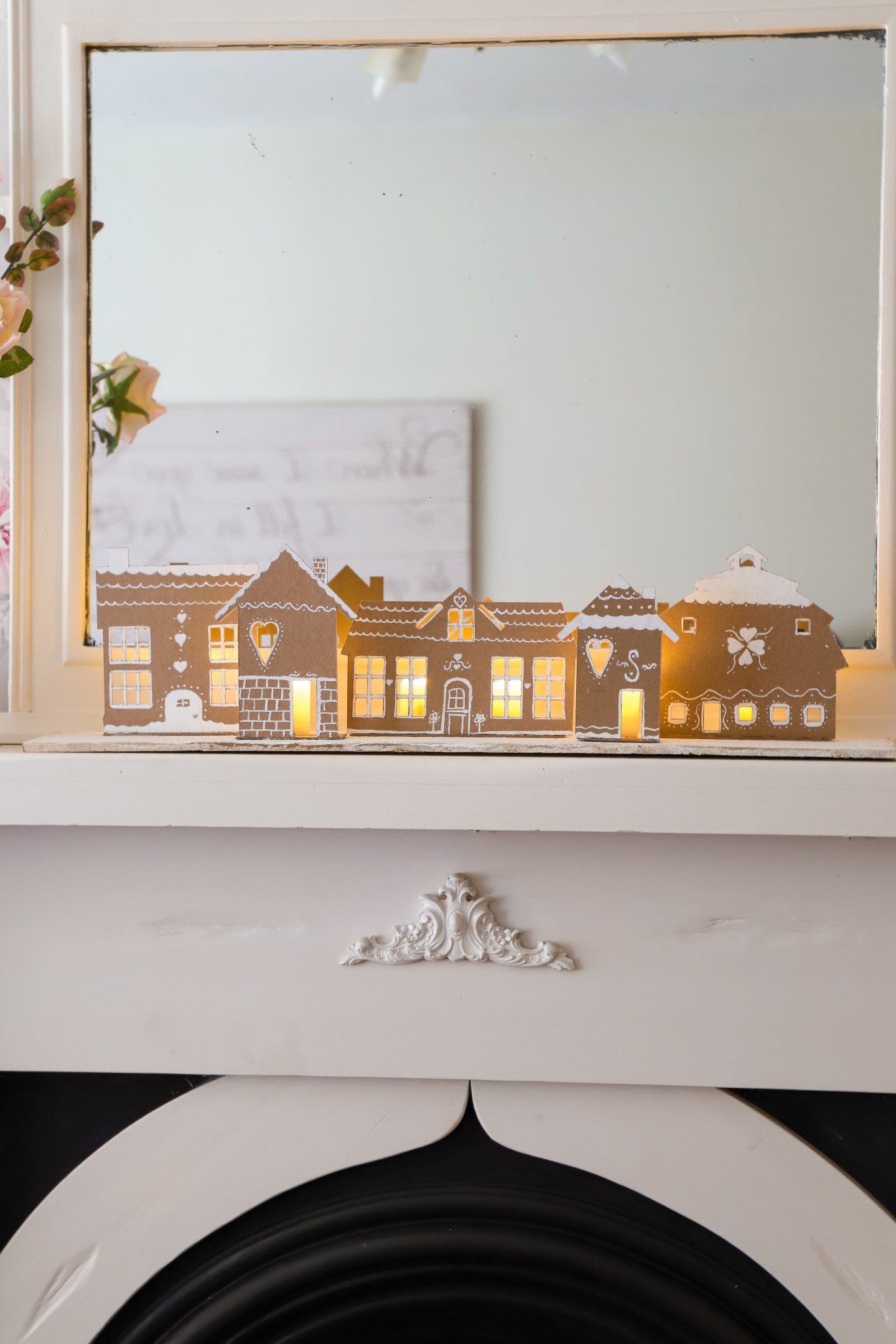 DIY Christmas decor. Brown and white gingerbread village. 
