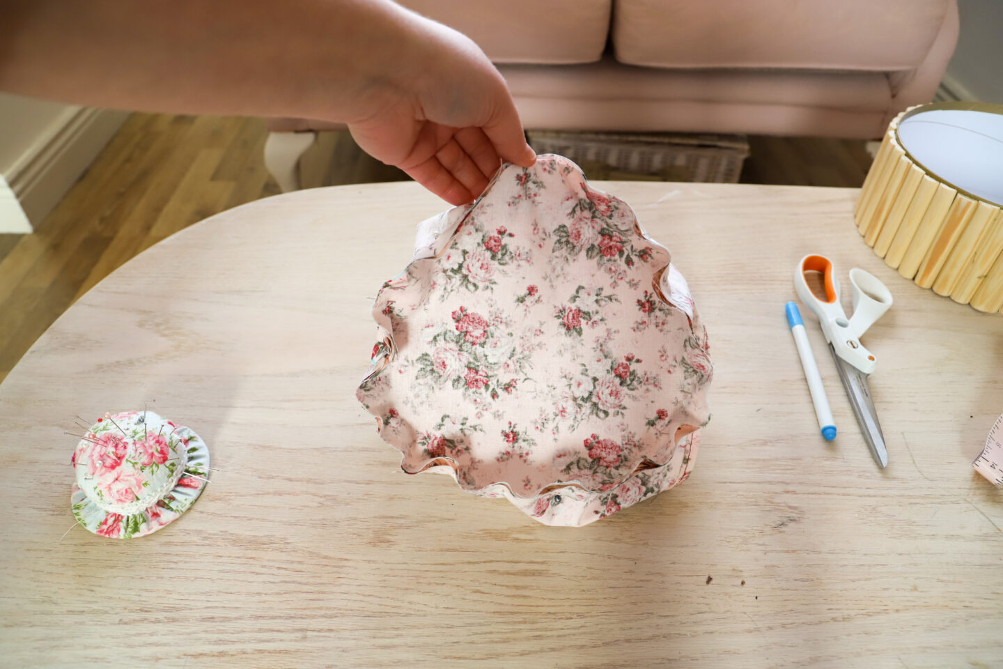 DIY stitched fabric liner for box.