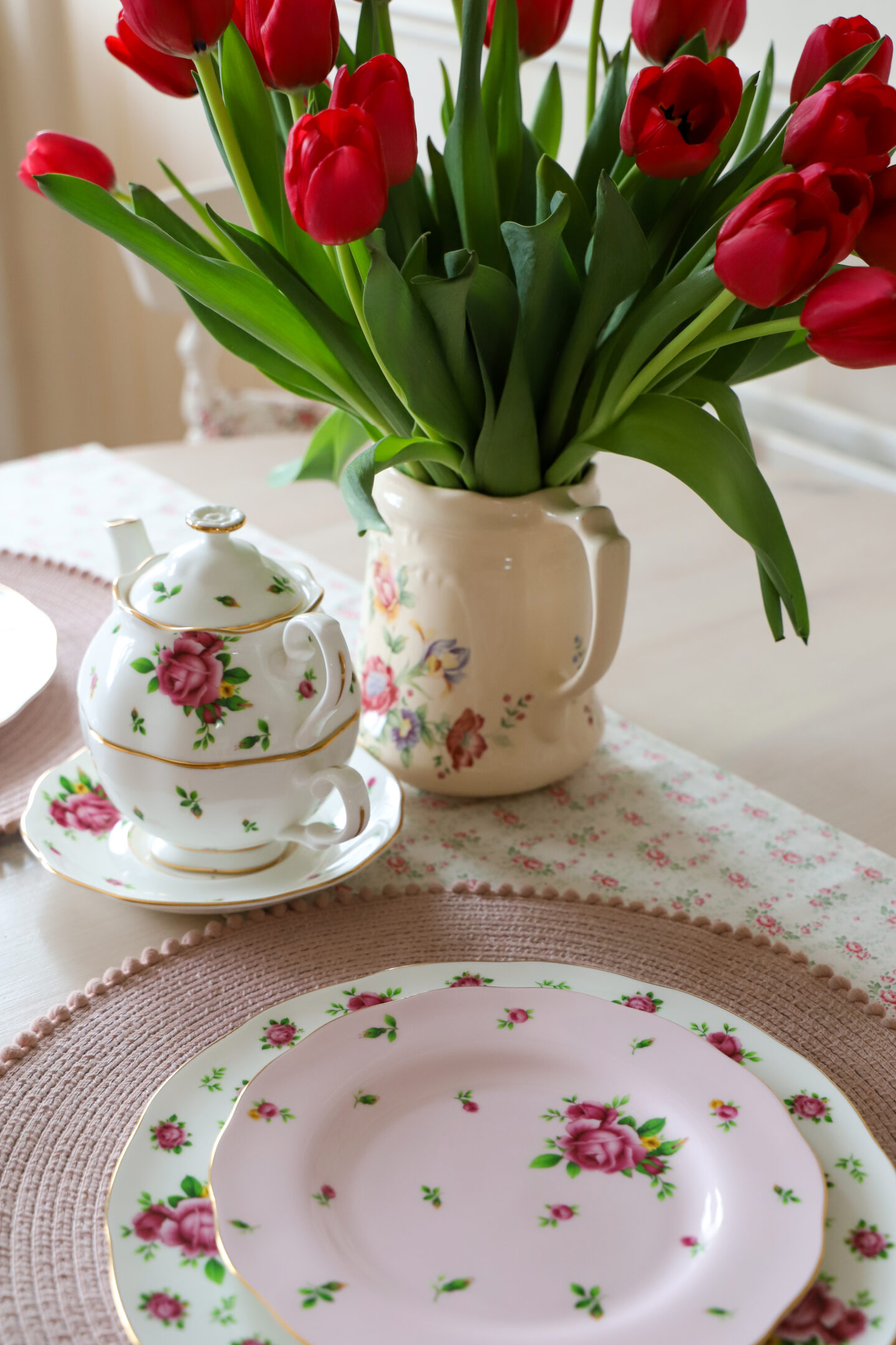 Floral table set up. With floral table runner, royal Albert floral china. 