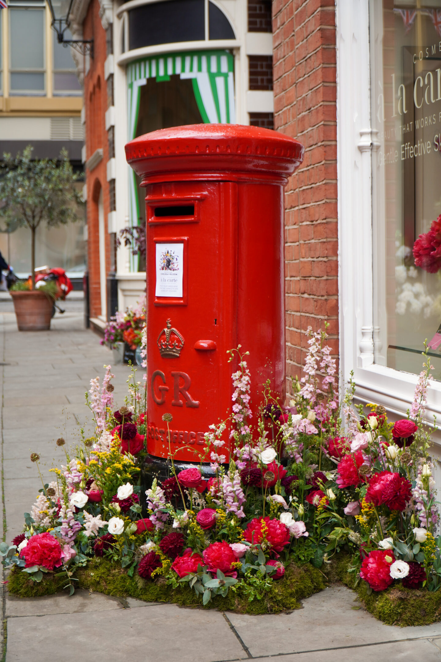 Red phone box flower display. Chelsea In Bloom images 2022.